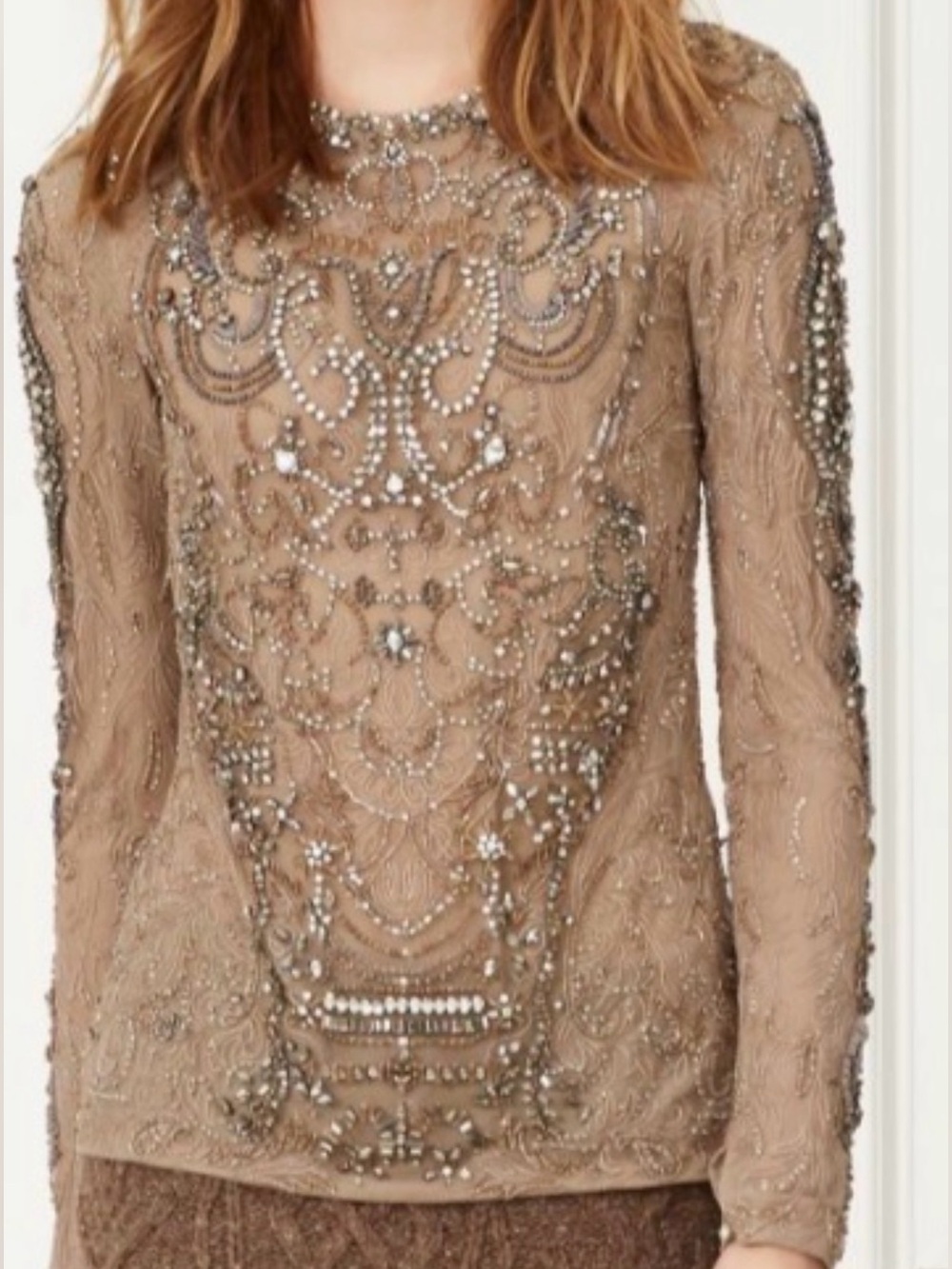 Ralph Lauren Embellished Nude Beaded Long-Sleeve Top NWT - Size 8